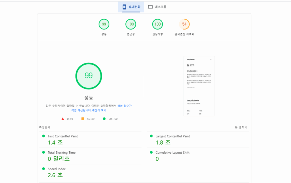 Twenty Twenty-Five 테마 구글페이지 스피드 속도 테스트[모바일]