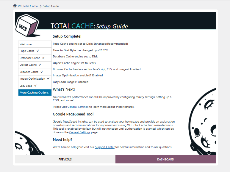 W3 Total Cache 설정 가이드 ⑦그 외 캐싱 옵션 설정_알림판 이동 후 설정[영어]