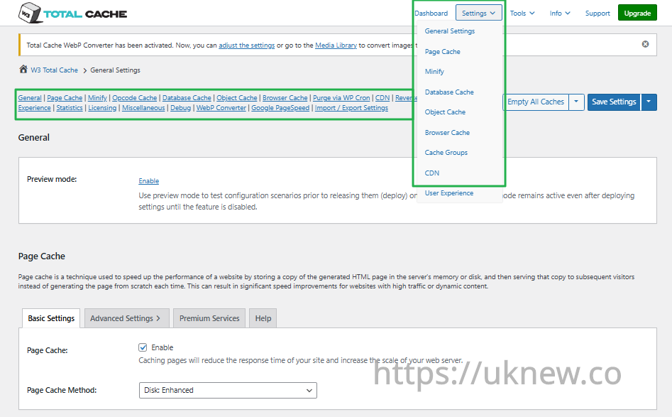 W3TC 대시보드-설정[영어]__