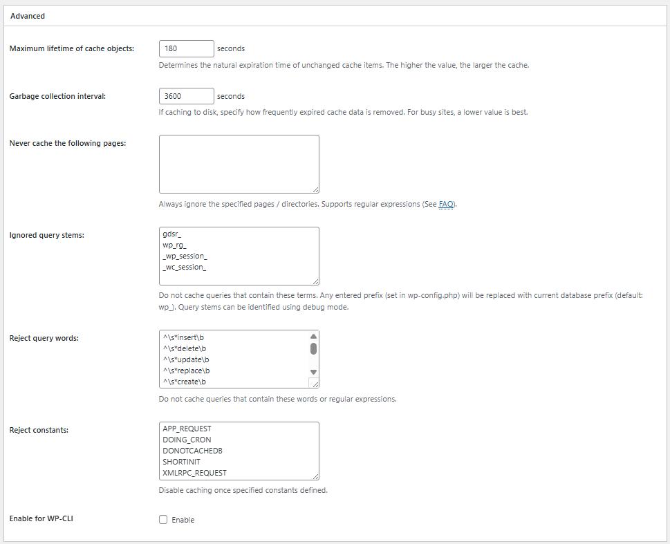W3TC 데이터베이스 캐시_고급 설정[영어]