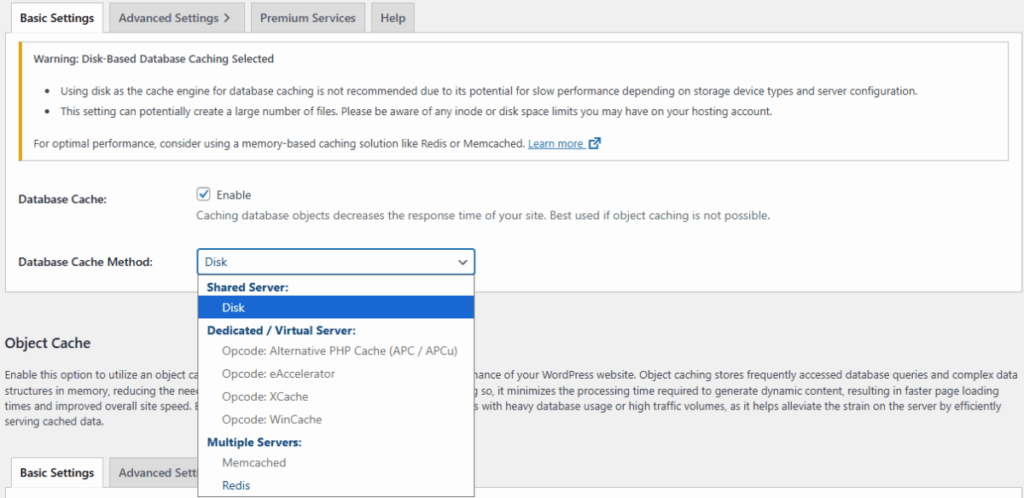 W3TC 데이터베이스 캐시_기본 설정[영어]