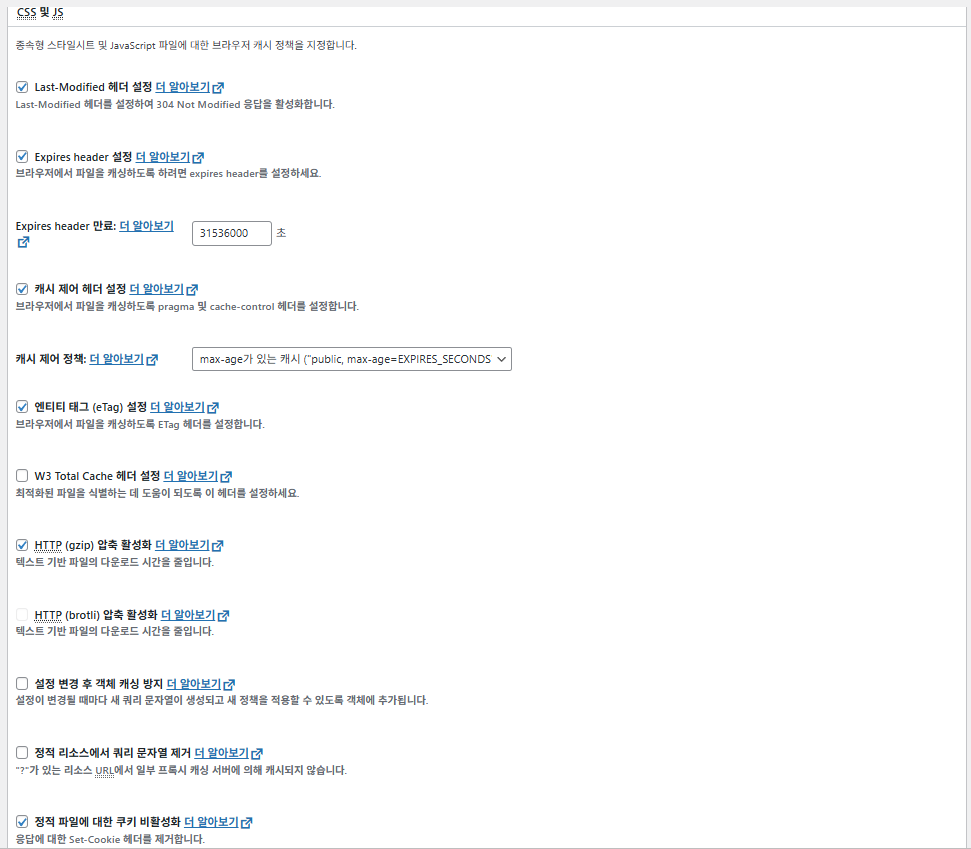 W3TC 브라우저 캐시_고급 설정_CSS 및 JS