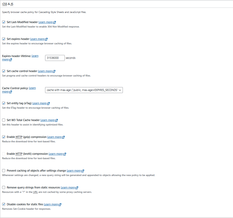 W3TC 브라우저 캐시_고급 설정_CSS 및 JS[영어]