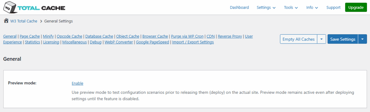 W3TC 일반설정 미리보기 모드[영어]