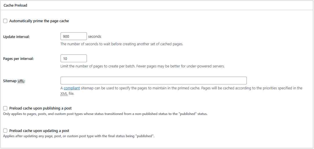 W3TC 페이지 캐시_고급-캐시 사전로드[영어]