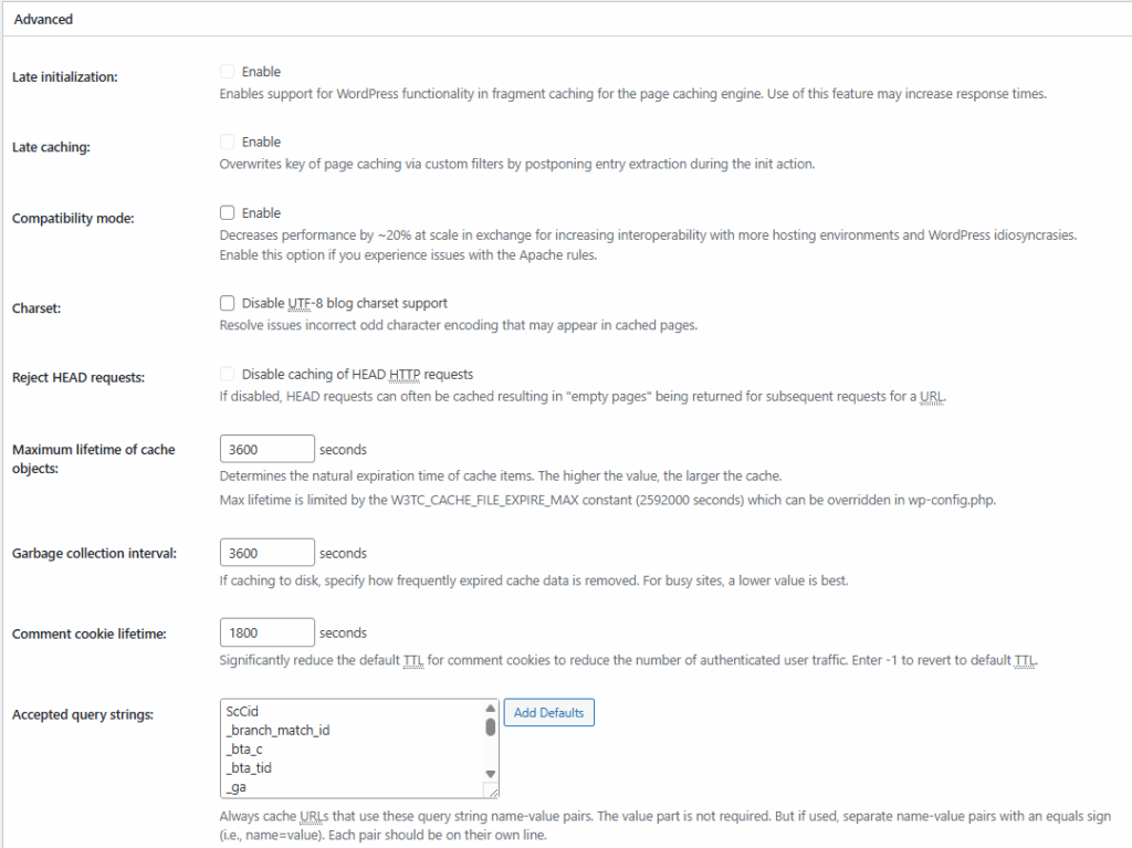 W3TC 페이지 캐시_고급_고급 설정 1[영어]
