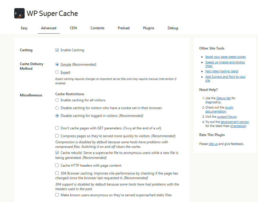 WP Super Cache 플러그인_고급 설정1 캐싱_캐싱 전달 방법_기타[영어]
