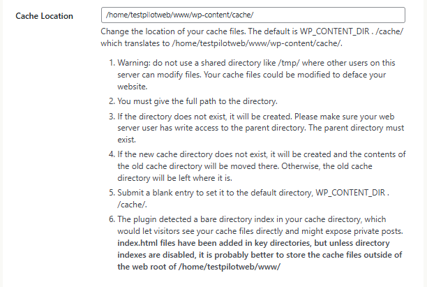 WP Super Cache 플러그인_고급 설정3 캐시 위치[영어]