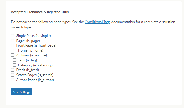 WP Super Cache 플러그인_고급 설정5 캐시 제외 목록[영어]