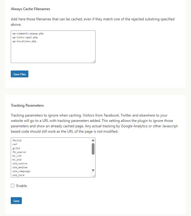 WP Super Cache 플러그인_고급 설정7 캐싱할 파일 및 무시할 추적 매개변수[영어]