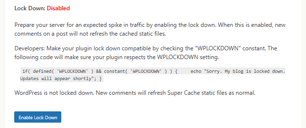 WP Super Cache 플러그인_고급 설정9 락다운_비활성화[영어]