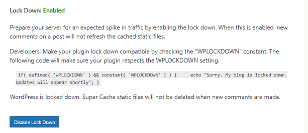WP Super Cache 플러그인_고급 설정9 락다운_활성화[영어]