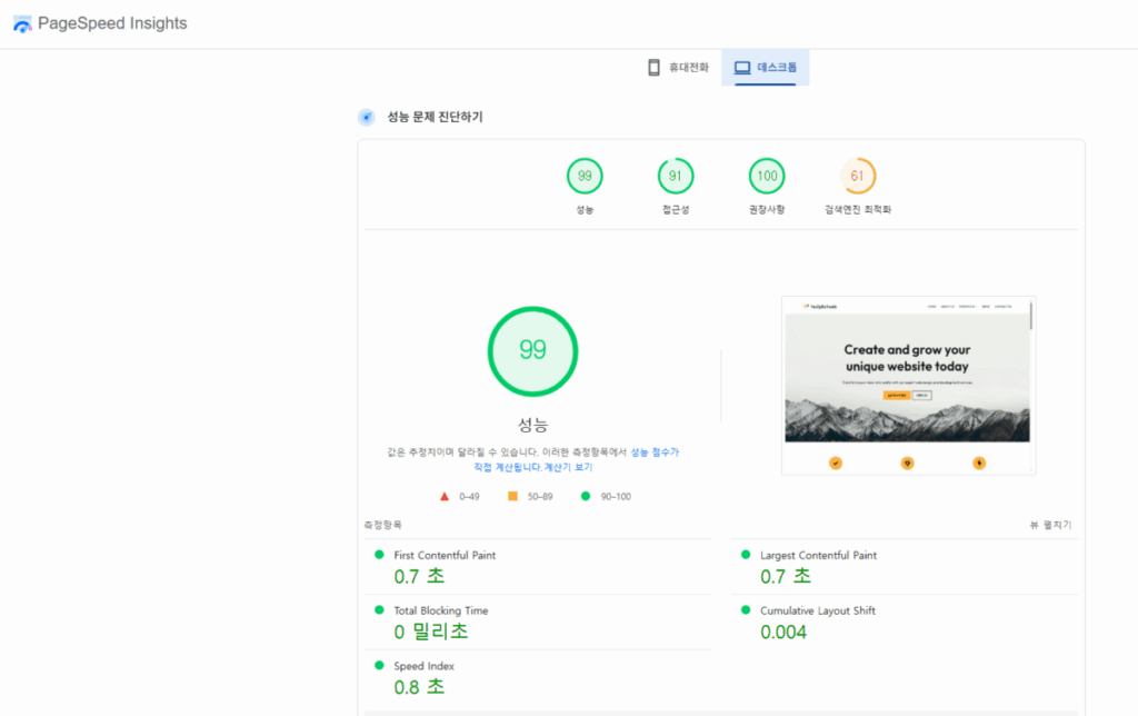 WP Super Cache 플러그인_구글 페이지스피드 점수[데스크탑]