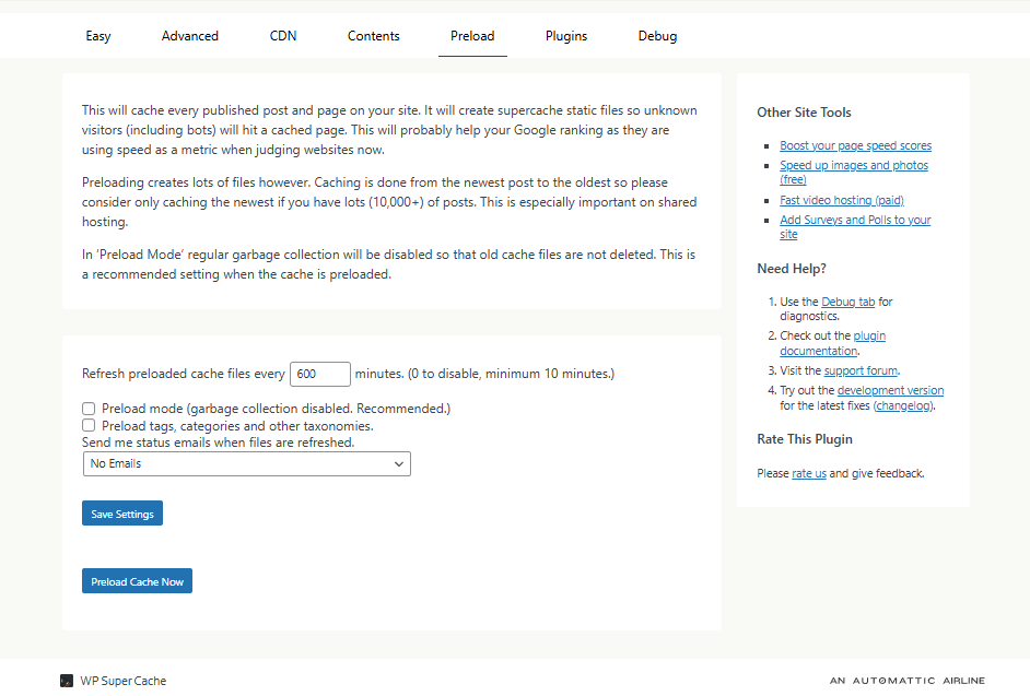 WP Super Cache 플러그인_사전 로드(Preload)[영어]