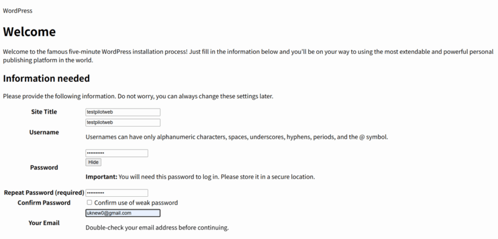 워드프레스 설치_웹 설정 4_워드프레스 계정 정보 입력[영어]