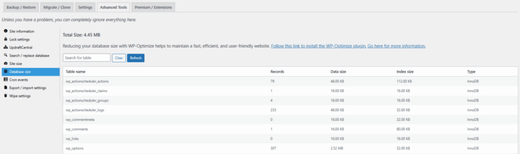 UpdraftPlus 플러그인- 고급 도구_데이터베이스 크기 및 목록 확인 [영어]