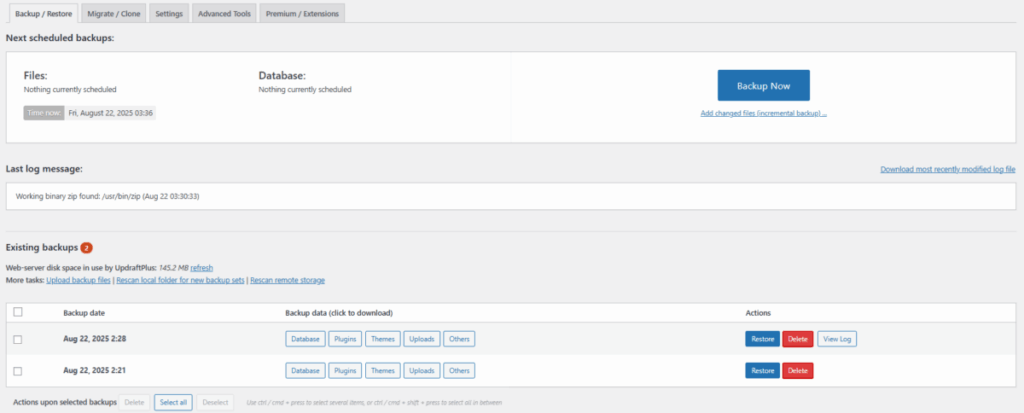 UpdraftPlus 플러그인-백업과 복원 1_[영어]