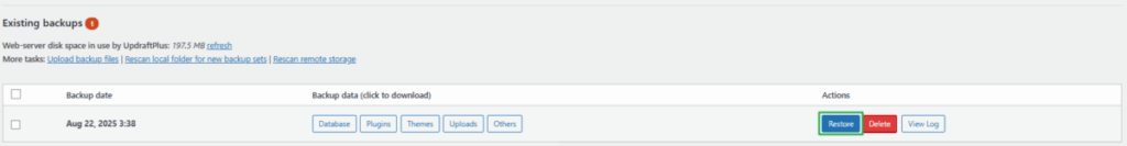 UpdraftPlus 플러그인-백업과 복원 4_복원 1 [영어]
