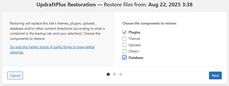 UpdraftPlus 플러그인-백업과 복원 4_복원 2 [영어]