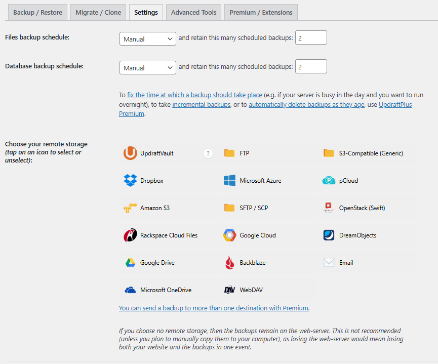 UpdraftPlus 플러그인- 설정 탭_ 파일 백업 일정 [영어]