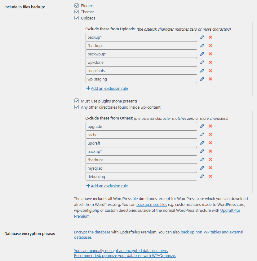 UpdraftPlus 플러그인- 설정 탭_ 파일 백업에 포함할 항목 [영어]