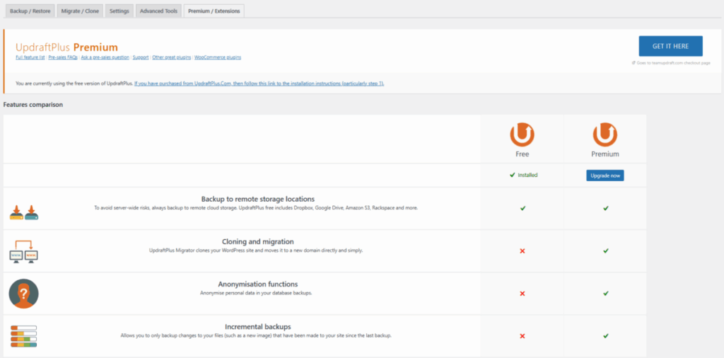 UpdraftPlus 플러그인- 프리미엄 및 확장 기능 1 [영어]