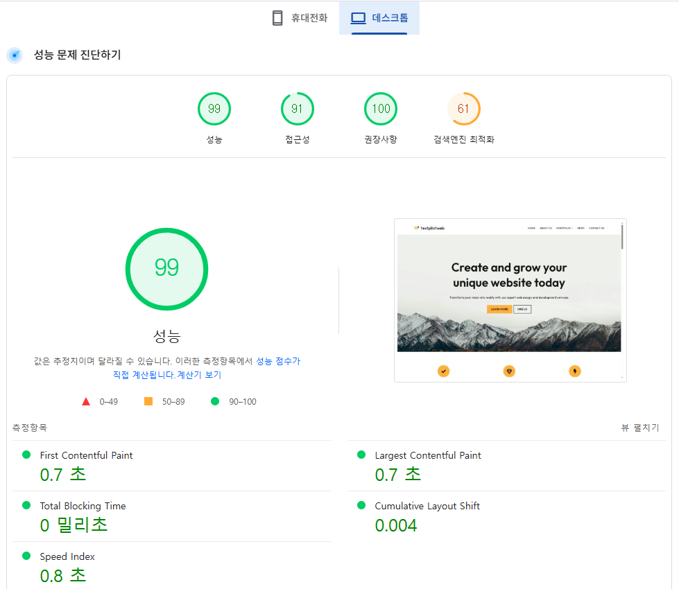 WP Fastest Cache 구글 페이지스피드 점수[데스크탑]