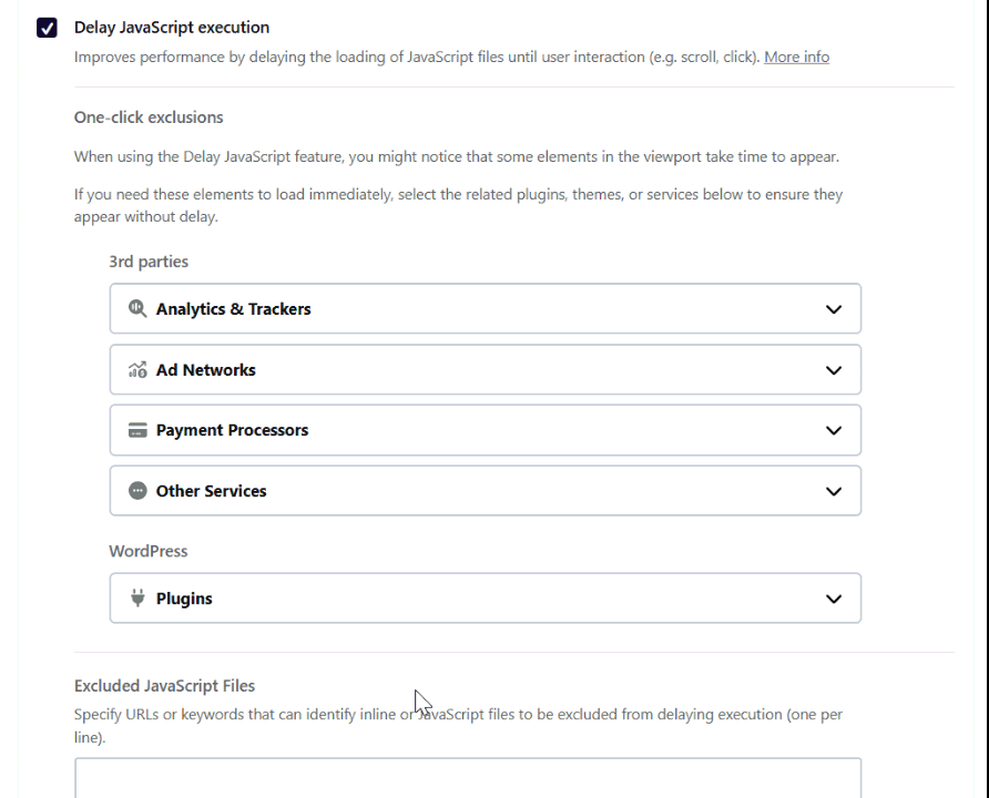 WP Rocket 설정 가이드: 직관적 UI, 워드프레스 캐시 플러그인 $59의 가치 29 WP Rocket 파일 최적화 4 - JavaScript 설정_JavaScript 실행 지연_원클릭 제외 항목 4_설정 예시