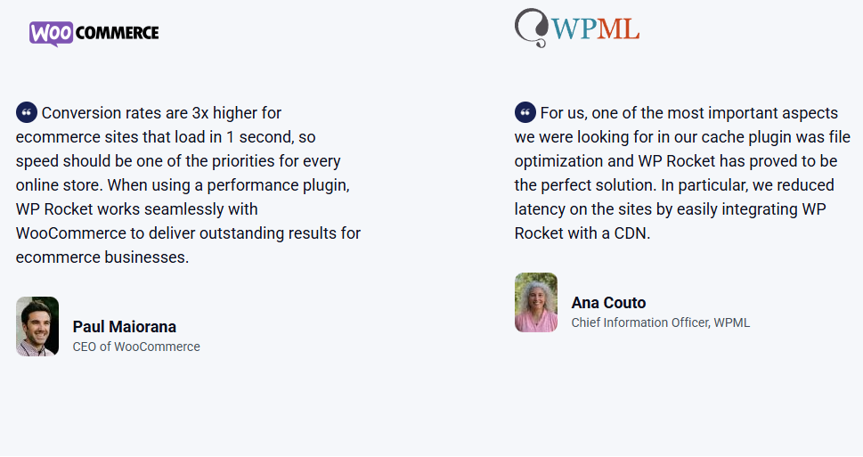 WP Rocket 메인페이지 or 소개 페이지 10 - 우커머스 및 WPML CEO 평가