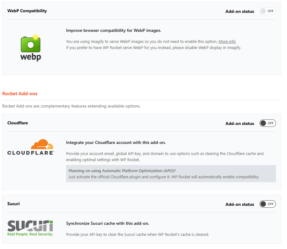 WP Rocket - 추가 기능2_WebP, CloudFlare 통합, SUCURI 캐시 [영어]