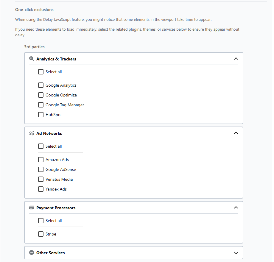WP Rocket 파일 최적화 4 - JavaScript 설정_JavaScript 실행 지연_원클릭 제외 항목 1 [영어]