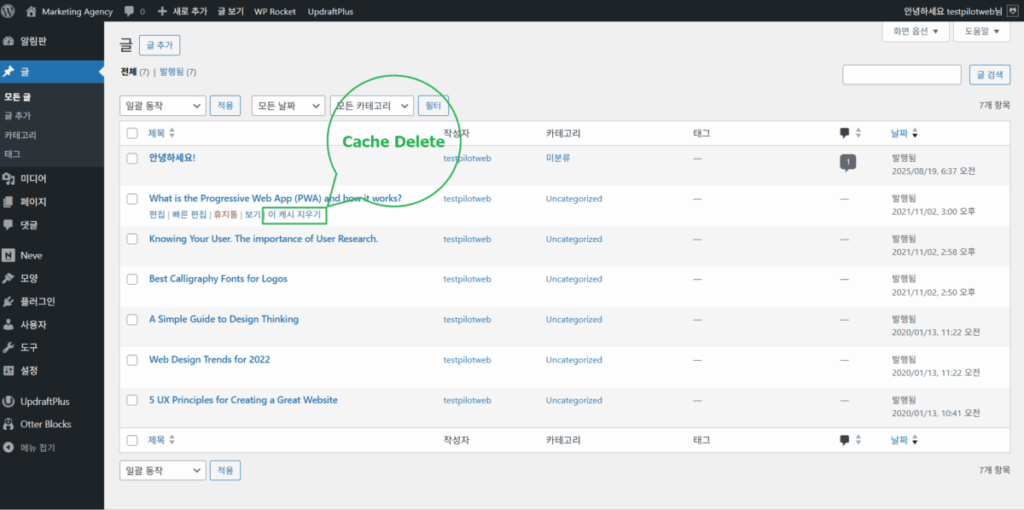 WP Rocket 플러그인-개별 글(콘텐츠) 지우기