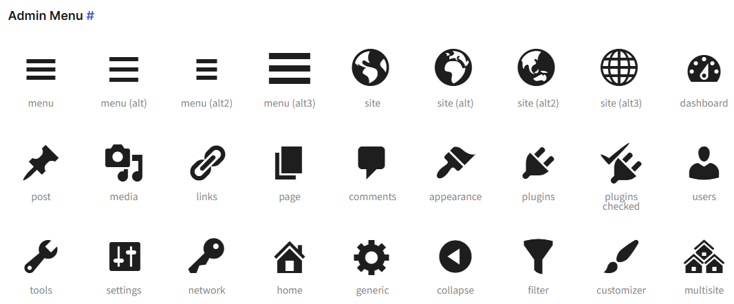워드프레스 대시콘: dashicons.min.css 3.8 공식 아이콘 글꼴 | 2020년 SVG 아이콘으로 교체 1 워드프레스 대시콘 - 관리자 메뉴