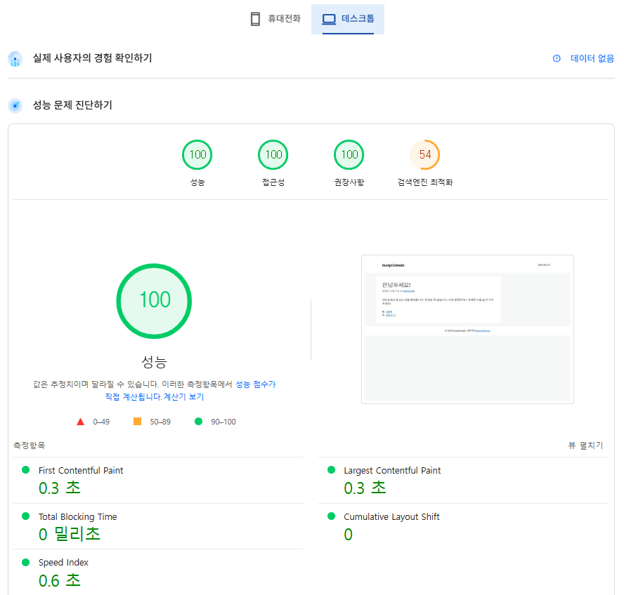 웹사이트 속도 측정 사이트 및 도구 TOP6 2 웹사이트 속도 측정-구글 페이지스피드(데스크탑_testpilotweb)