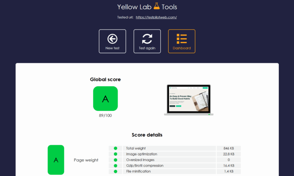 웹사이트 속도 측정 사이트 및 도구 TOP6 24 웹사이트 속도 측정 - Yellow Lab Tools_데스크탑 결과