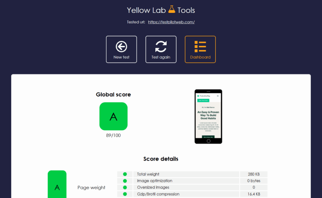 웹사이트 속도 측정 사이트 및 도구 TOP6 23 웹사이트 속도 측정 - Yellow Lab Tools_모바일 결과