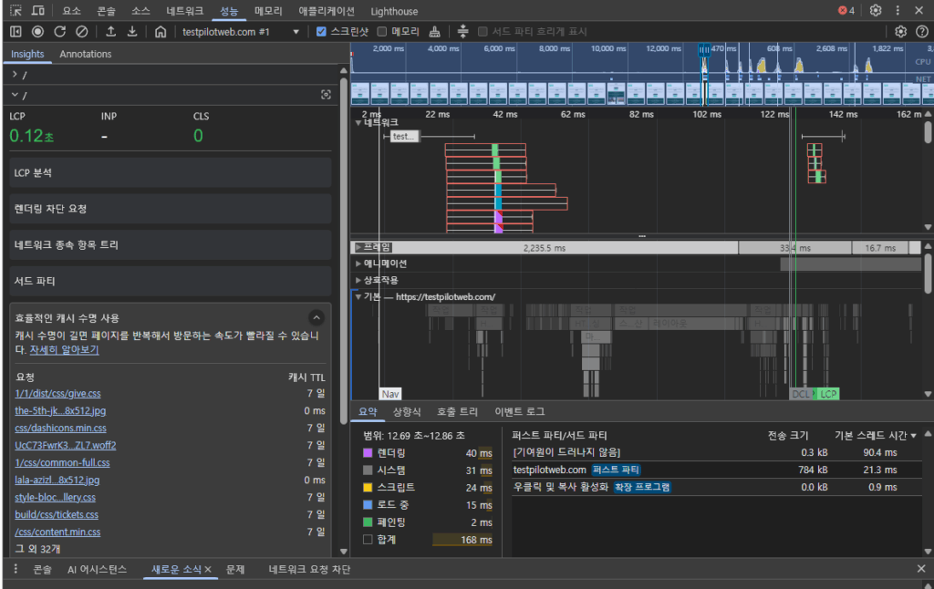 웹사이트 속도 측정 사이트 및 도구 TOP6 10 크롬 개발자 도구 테스트-성능 탭_testpilotweb_테스트4 - 테스트 완료