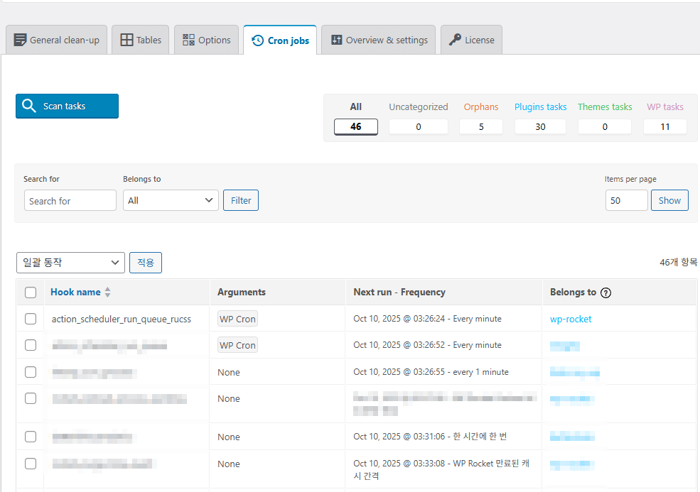 워드프레스 캐시 플러그인 및 최적화 플러그인 17 Advanced Database Cleaner 설정 화면-Cron Jobs(Pro)
