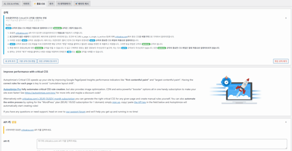 Autoptimize 설정 - 중요 CSS