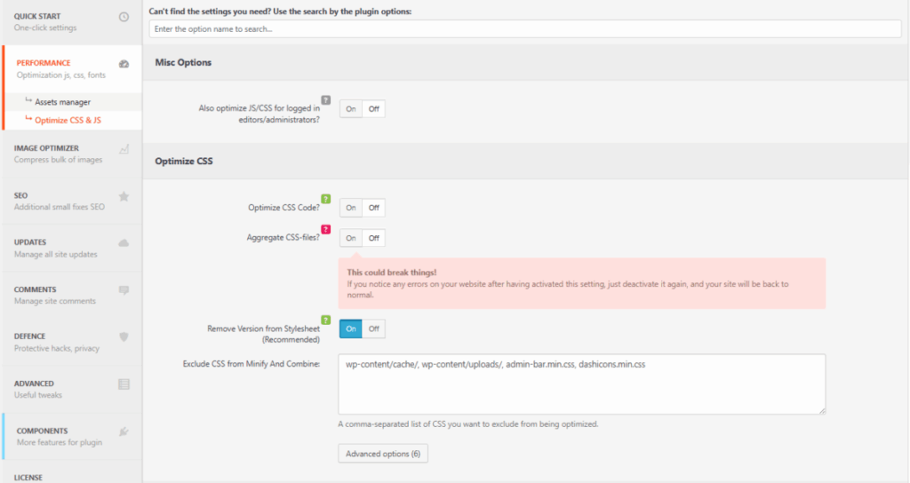 Clearfy 설정 - 성능_CSS 및 JS 최적화 1 [영어]