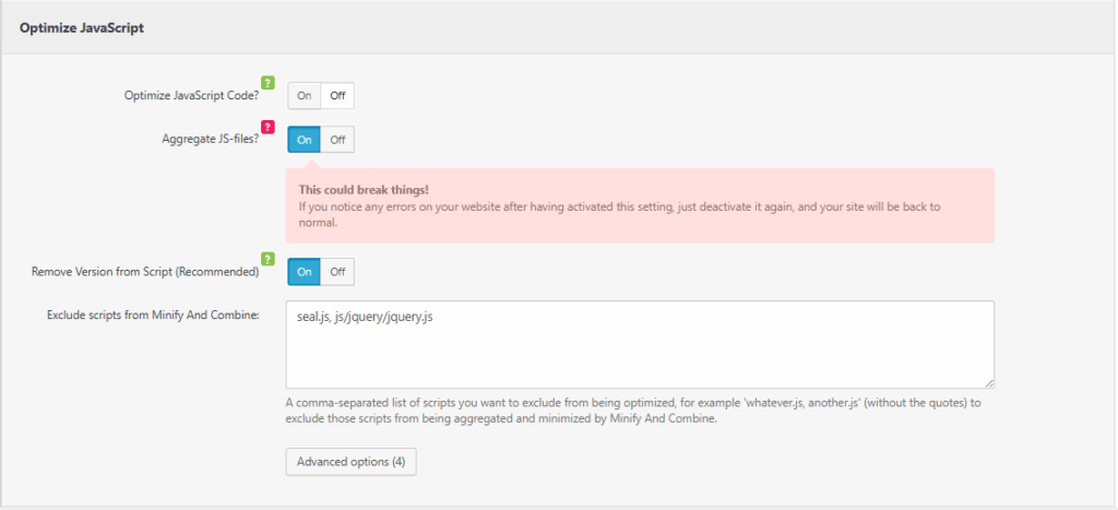 Clearfy 설정 - 성능_CSS 및 JS 최적화 2 [영어]