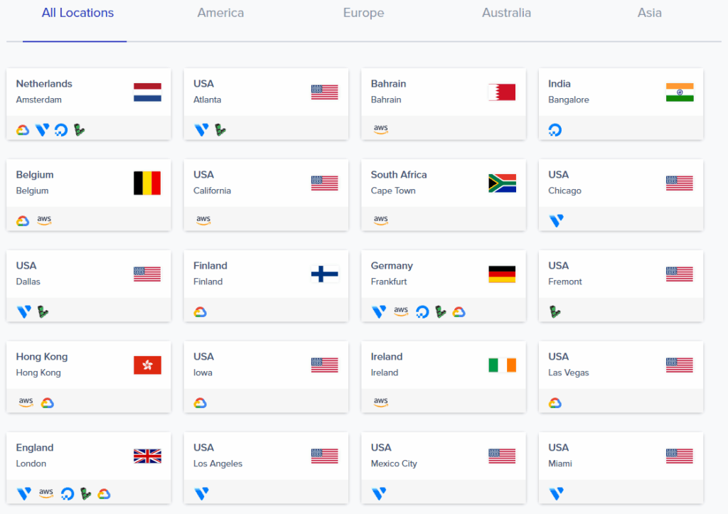 Cloudways 서비스 지역(모든 지역)