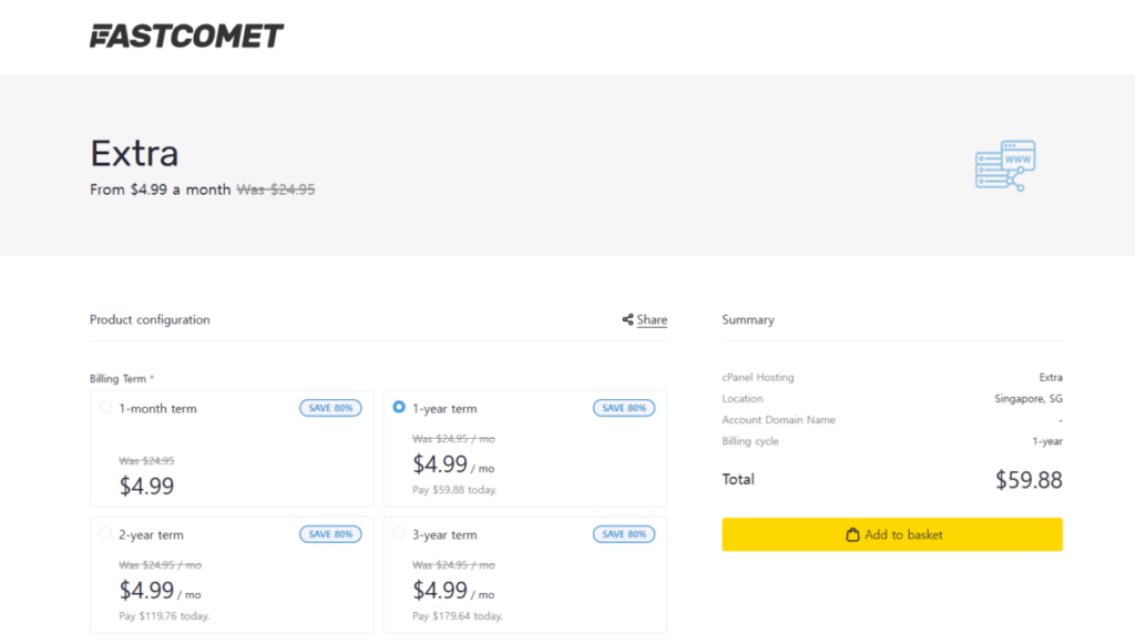 FastComet Extra 1년 결제-80% 할인 $59.88 적용- 싱가포르