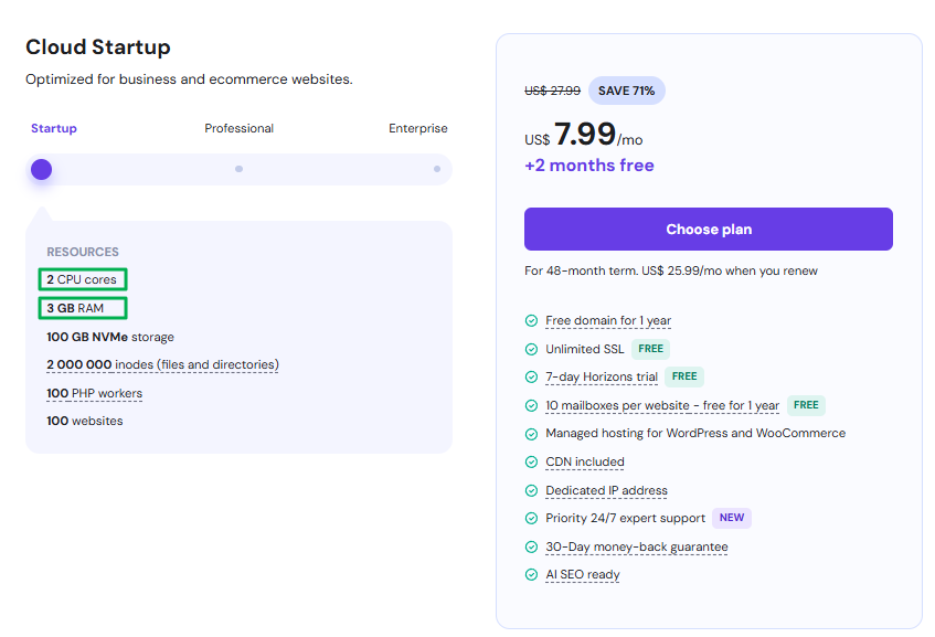 Hostinger 클라우드 호스팅 가격-Startup