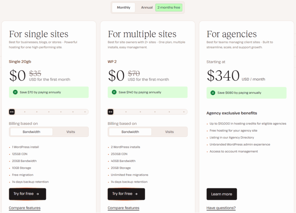 Kinsta 호스팅 가격-월 결제