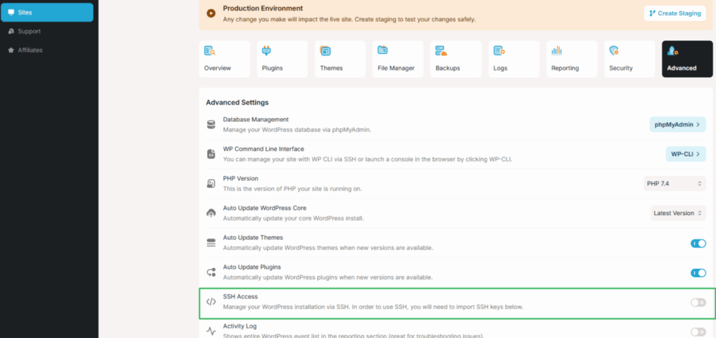 워드프레스 호스팅 RocketNet 가격·스펙 & Starter 플랜 $1 21 RocketNet 관리자 페이지-고급 설정_SSH Key 생성 1