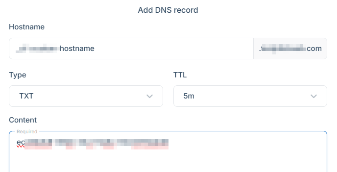 RocketNet 관리자 페이지-SSL 연결을 위한 TXT 레코드(네임 서버에서)