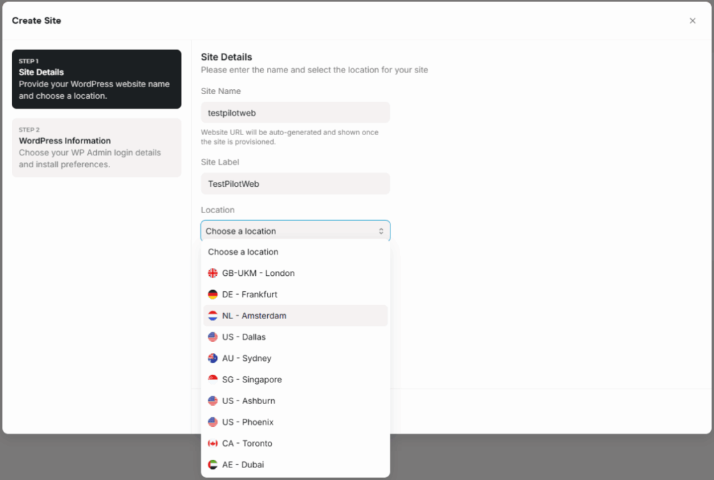RocketNet 관리자 페이지-사이트 생성_서버 위치 선택