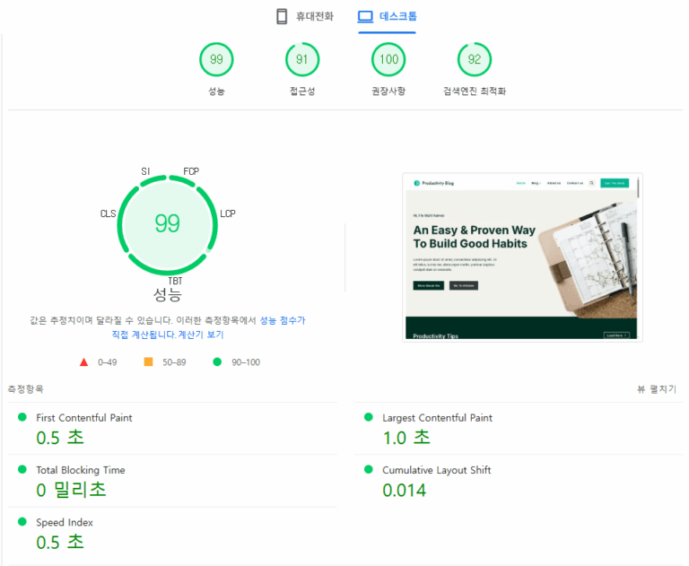 워드프레스 호스팅 RocketNet 속도와 안정성 평가 8 RocketNet 구글페이지스피드 속도 테스트(데스크탑)
