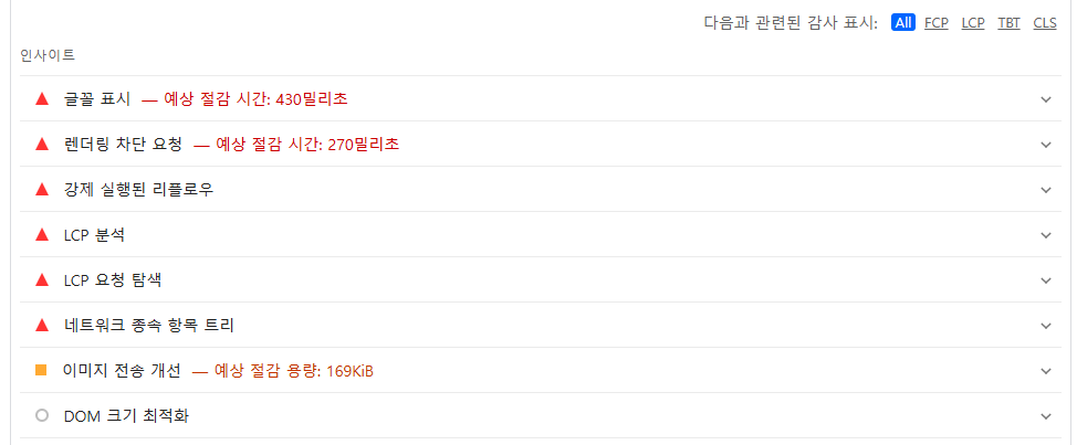 구글 페이지스피드 인사이트: 코어 웹 바이탈로 보는 웹사이트 속도 최적화 가이드 8 구글 페이지스피드 인사이트-성능에서 개선해야 할 사항_uknew 사이트
